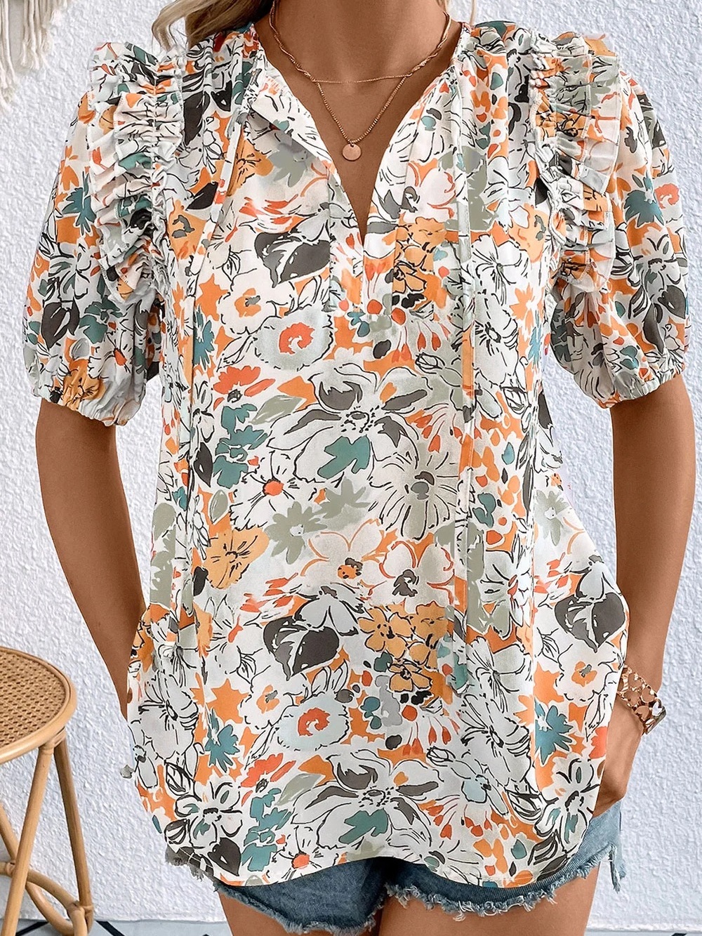 Floral Ruffle-Sleeve Blouse in Orange, Teal & Cream
